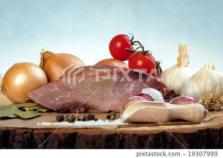 Natural prepared food. Smoked pork with herbs 19307999