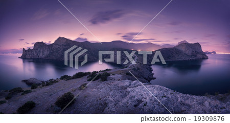 Beautiful night landscape with mountains, sea, sky 19309876