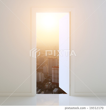 door open to city at sunset background 19312170