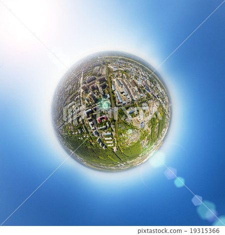 Aerial view of downtown. Crossroads, houses, buildings and parks. Little planet sphere. 19315366