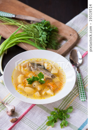 fresh soup of river fish in the plate 19319514