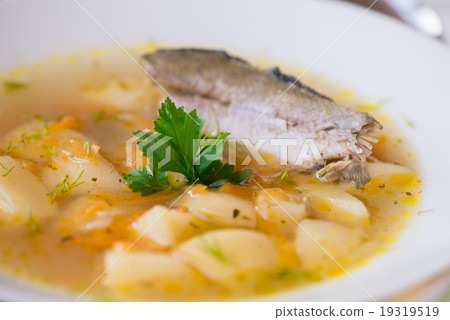 fresh soup of river fish in the plate fresh soup of river fish in the plate 19319519