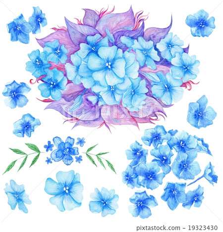Blue Watercolor Boho Flowers Set 19323430