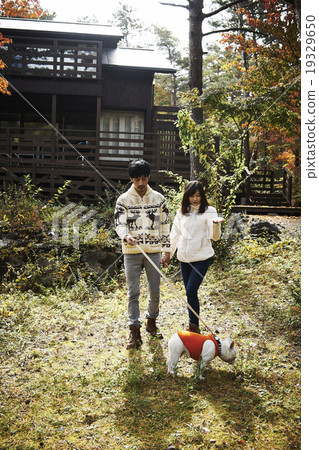 A couple walking with a pet 19329650