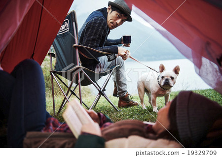 Men and dogs looking into tents 19329709