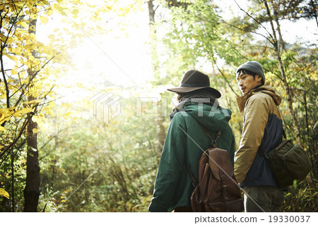 A couple walking through the forest A couple walking through the forest 19330037