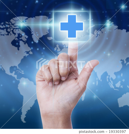 Hand press on first aid sign button 19330397
