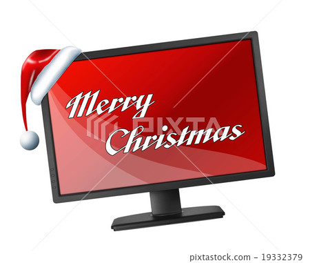 Monitor with red screen and Merry Christmas text Monitor with red screen and Merry Christmas text 19332379
