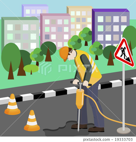Repairing of the road. Repairman with jackhammer 19333703