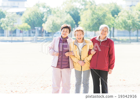 Three Japanese seniors enjoying chatting at the park 19342916