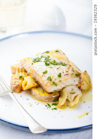 Roasted cod, codfish, potatoes and artichokes 19362329