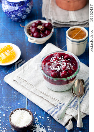 Chia seed pudding, dessert with cherries 19362427