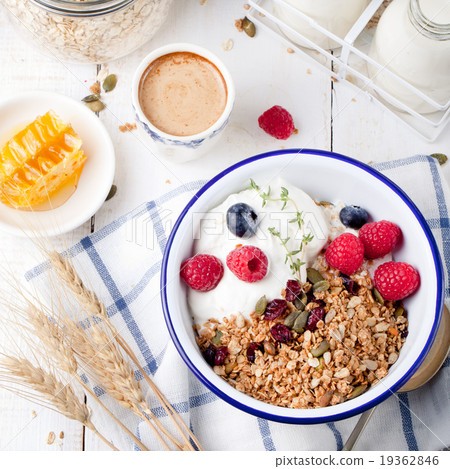 Healthy breakfast Granola honey, yogurt Healthy breakfast Granola honey, yogurt 19362846
