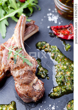 Grilled meat, mutton, lamb rack with fresh salad. Grilled meat, mutton, lamb rack with fresh salad. 19362953