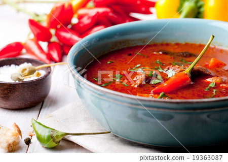 Goulash, beef, tomato, pepper, chili soup. 19363087
