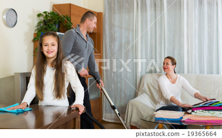 Mother, father and girl doing general cleaning Mother, father and girl doing general cleaning 19365664