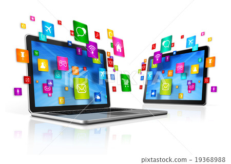 Icons flying around Digital Tablet PC and Laptop Icons flying around Digital Tablet PC and Laptop 19368988