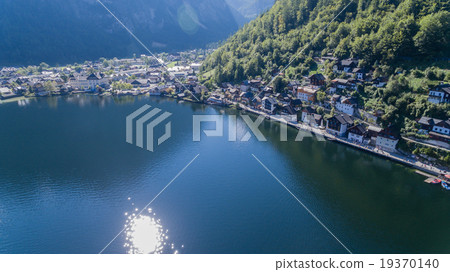 Aerial, Hallstatt village in Austrian alps, europe 19370140