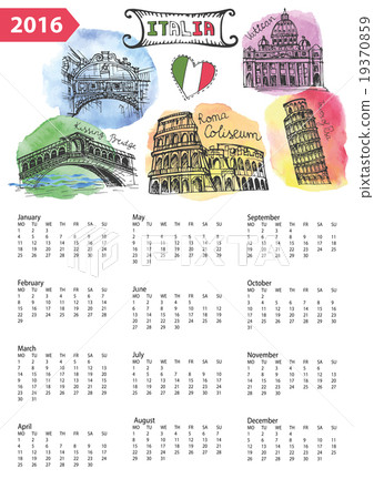 Calendar 2016.Italy Landmarks panorama,watercolor 19370859