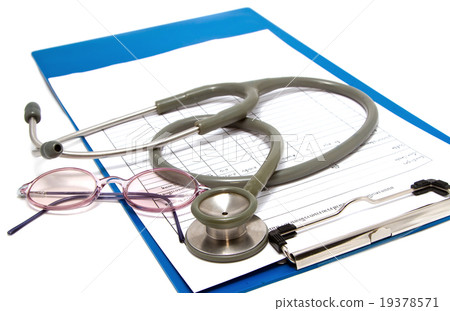 stethoscope and glasses rest on clipboard stethoscope and glasses rest on clipboard 19378571