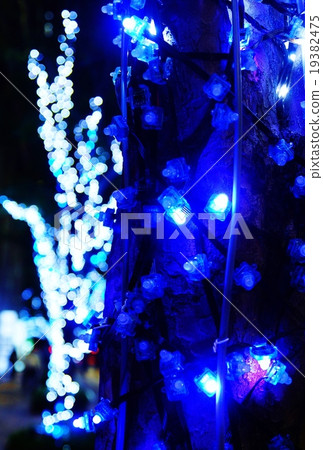 聖誕節圖像·街道樹木照明的輕球·模糊的藍色和白色垂直位置 聖誕節圖像·街道樹木照明的輕球·模糊的藍色和白色垂直位置 19382475