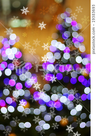Blur light bokeh and snow flake on christmas tree Blur light bokeh and snow flake on christmas tree 19383693