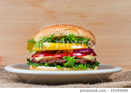 homemade hamburger with fresh vegetables, close up 19384098