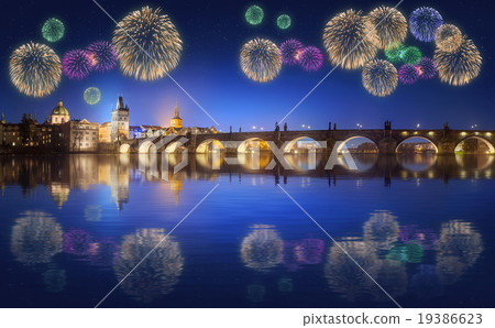 Charles Bridge and beautiful fireworks in Prague 19386623