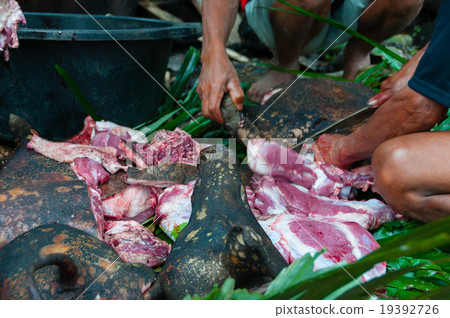 Closeup Hands of Two Person Cutting red pork meat 19392726