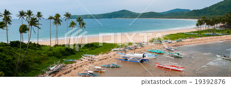 Boats and palm trees at the sand beach in front of Boats and palm trees at the sand beach in front of 19392876