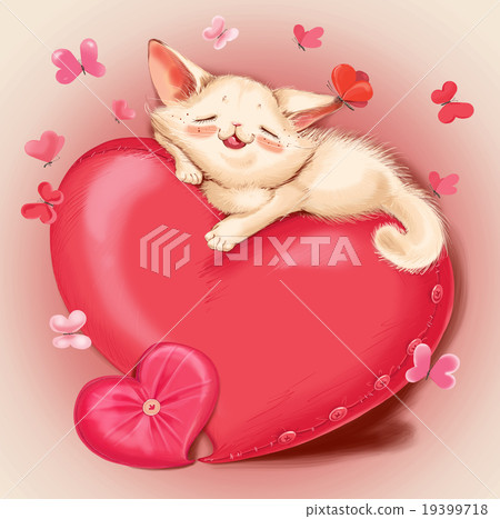 Cat lying on a red pillow - heart. Cat lying on a red pillow - heart. 19399718