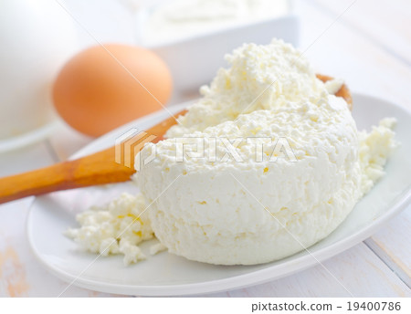Milk products, fresh cottage in the white plate 19400786