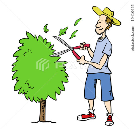 Man in garden trimming bush 19410665