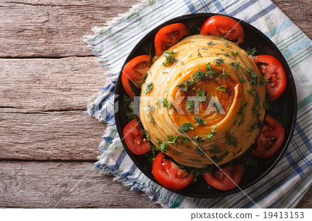 French timbale of pasta with cheese and vegetables French timbale of pasta with cheese and vegetables 19413153