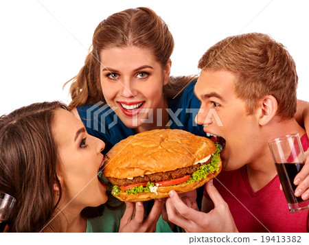 Group people holding big hamburgers . 19413382