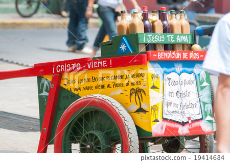 Colorful cart with Drinks For sale and Colorful cart with Drinks For sale and 19414684