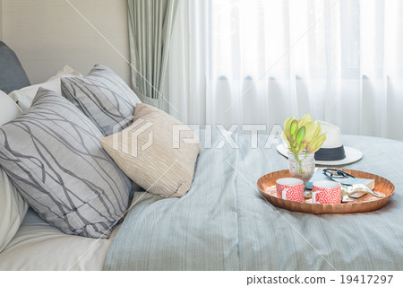 tray of two cup of coffee set with vase of flower tray of two cup of coffee set with vase of flower 19417297