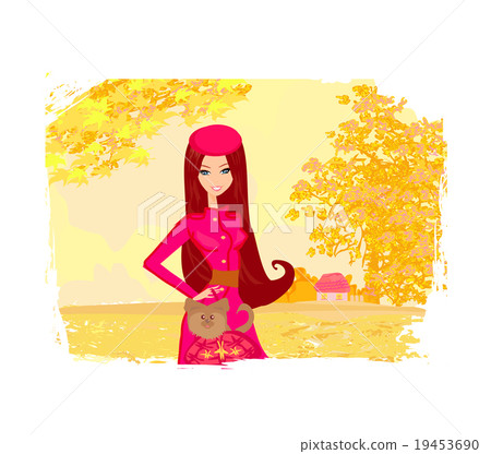 Girl walking with her dog in autumn landscape. Girl walking with her dog in autumn landscape. 19453690