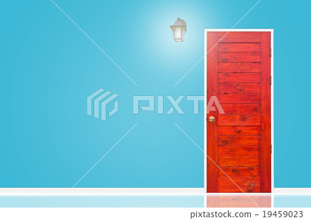 Wooden door and lamp with blue sky wall texture. 19459023