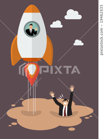 Businessman on a rocket get away from quicksand Businessman on a rocket get away from quicksand 19462835