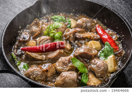 Grilled chicken gizzard ajillo grilled spinach sauce with abalone oil 19464666