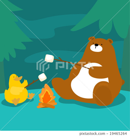 bear and duck grill marshmallow at campfire vector 19465264