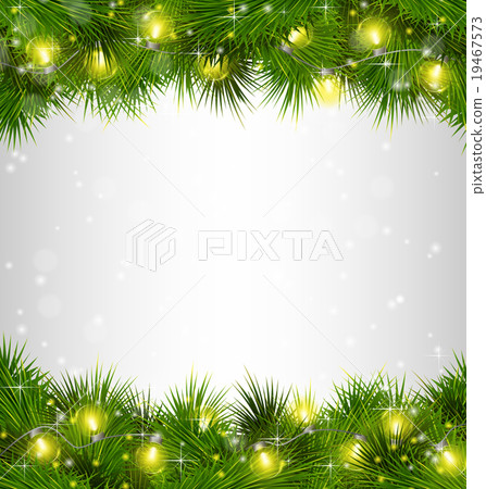 Yellow Christmas lights on pine branches on Yellow Christmas lights on pine branches on 19467573