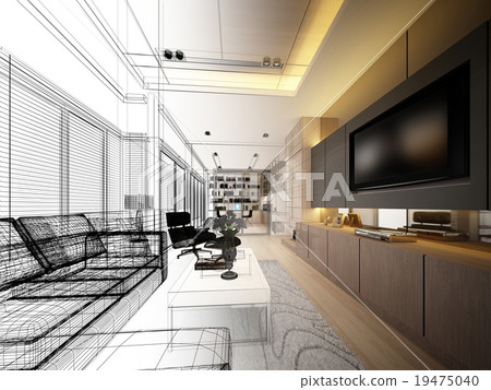 sketch design of living ,3dwire frame render sketch design of living ,3dwire frame render 19475040