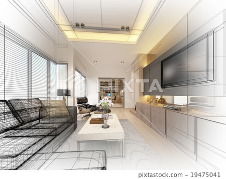 sketch design of living ,3dwire frame render sketch design of living ,3dwire frame render 19475041