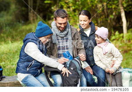 happy family with backpack and thermos at camp happy family with backpack and thermos at camp 19476105