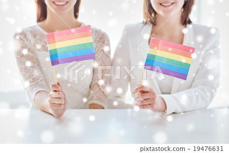 close up of happy lesbian couple with rainbow flag 19476631