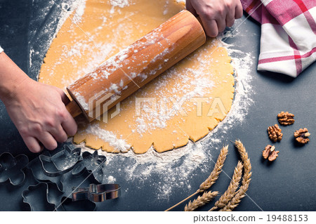 Rolling dough with roller. Rolling dough with roller. 19488153