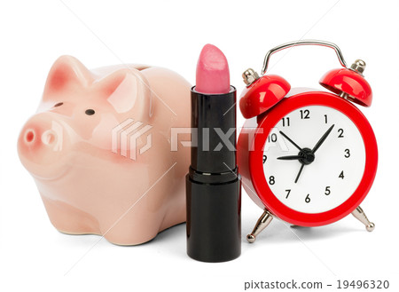Lipstick with piggy bank and alarm clock 19496320