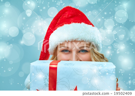 Girl dressed in santa hat with a Christmas gift Girl dressed in santa hat with a Christmas gift 19502409